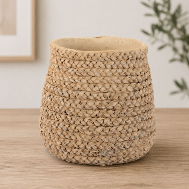 Braided Weave Cement Vase, 9"Dx8.5"H