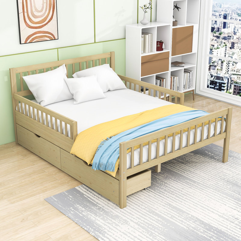 Lit plateforme en bois avec garde-corps et tiroirs de rangement, Lit double