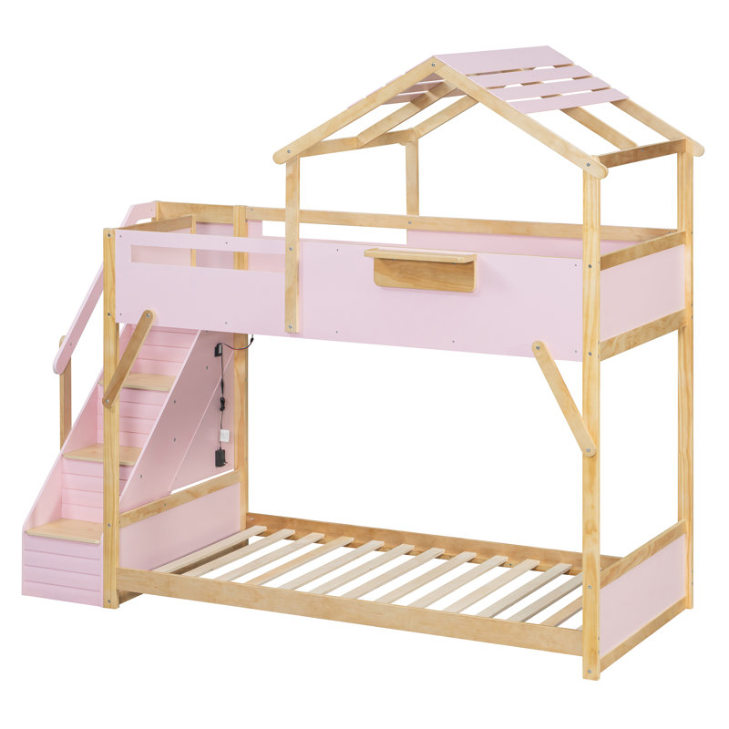 Lit superposé Playhouse avec escalier, bande à DEL à intensité variable et tablette de rangement, Twin Over Twin, Pink