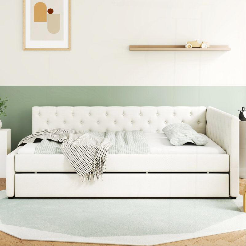 Lit plateforme tapissier double capitonné avec lit gigogne simple TG, Beige