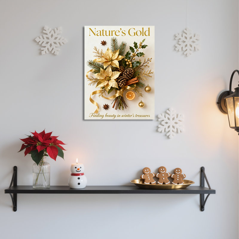Ensemble de 1 tableau sur toile tendue représentant un arrangement floral d'hiver doré, H 36 po x l 24 po