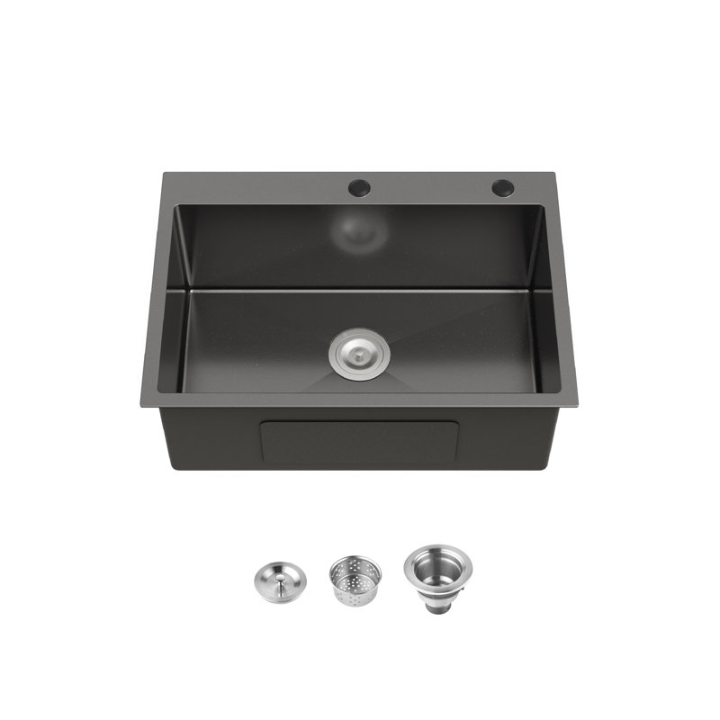 Évier de cuisine encastré 27 po x 19 po en acier inoxydable noir - évier simple de calibre 16 avec drain US et crochets