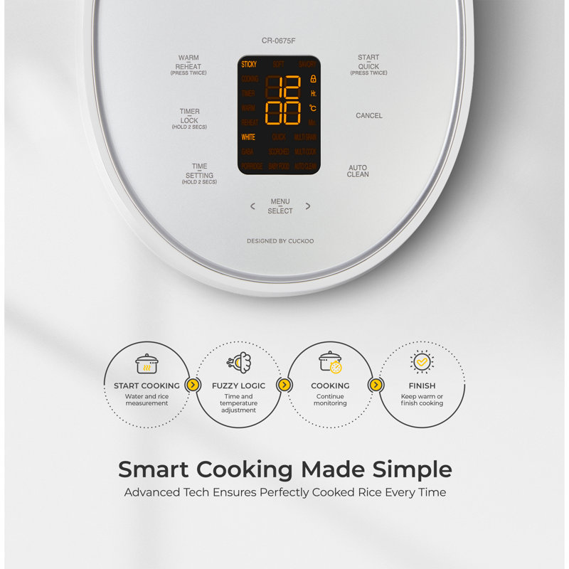 CUCKOO Micom Rice Cooker with Nonstick Inner Pot, 13 Menu Modes, LCD Display, Fuzzy Logic Tech, Auto Clean, 6 Cup, White