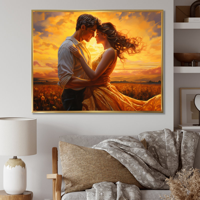 Kayzlyn, Couple romantique, paysage, Étreinte lumineuse II, Cadre flottant doré, H 30 po x l 40 po x P 1,5 po