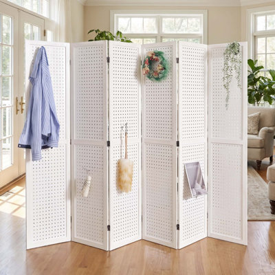 66.8" Paulownia Wood Pegboard Folding Room Divider & Display Screen