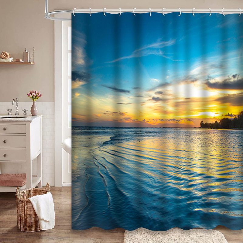 Rideau de douche Thailande, coucher de soleil, plage, orange, bleu, orange, 12 crochets, L 72 po x l 84 po