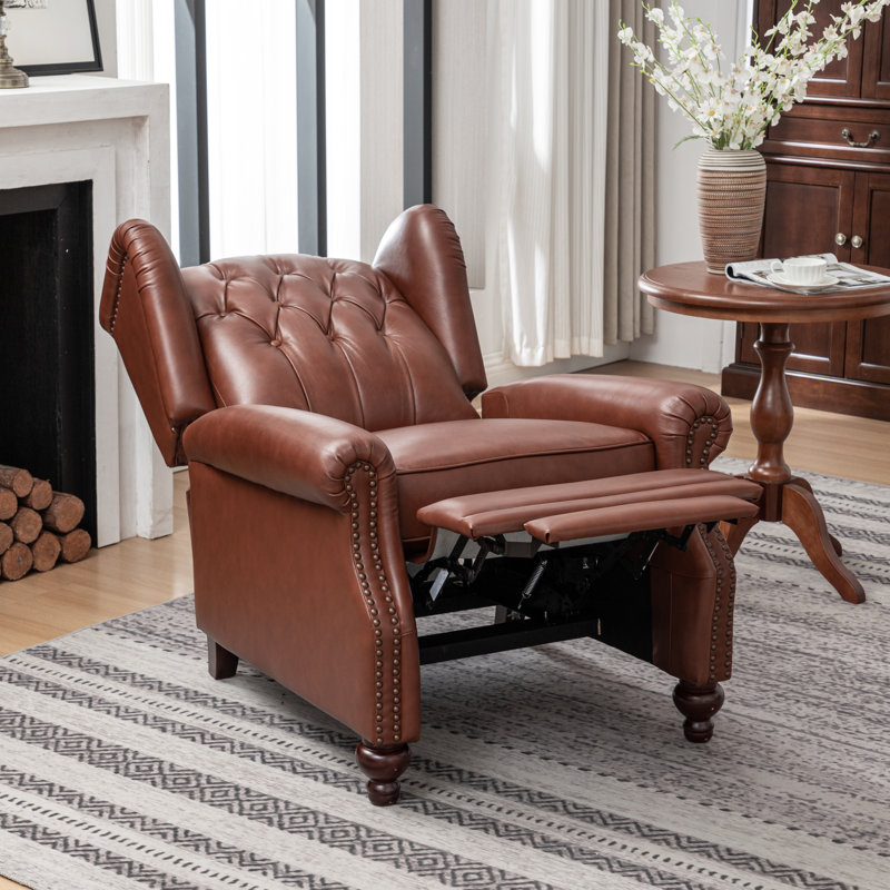 Almantas 31" Wide Genuine Leather Wing Chair Recliner, Brown Genuine Leather