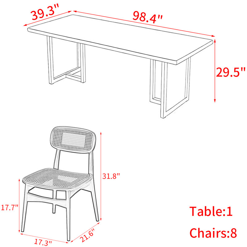 Ensemble de table à manger moderne et simple en bois massif., H 29,5 po x L 98,4 po x l 39,3 po