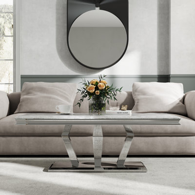 Table basse argentée et grise, table basse de luxe avec base géométrique, table basse rectangulaire pour le salon