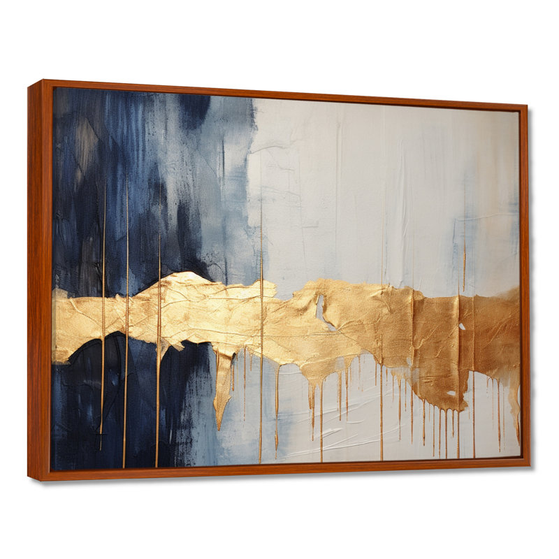 Waves Of Joy Minimal Nova - bleu et or I - peinture abstraite, art mural, H 16 po x l 32 po x P 1 po, Cadre flottant brun