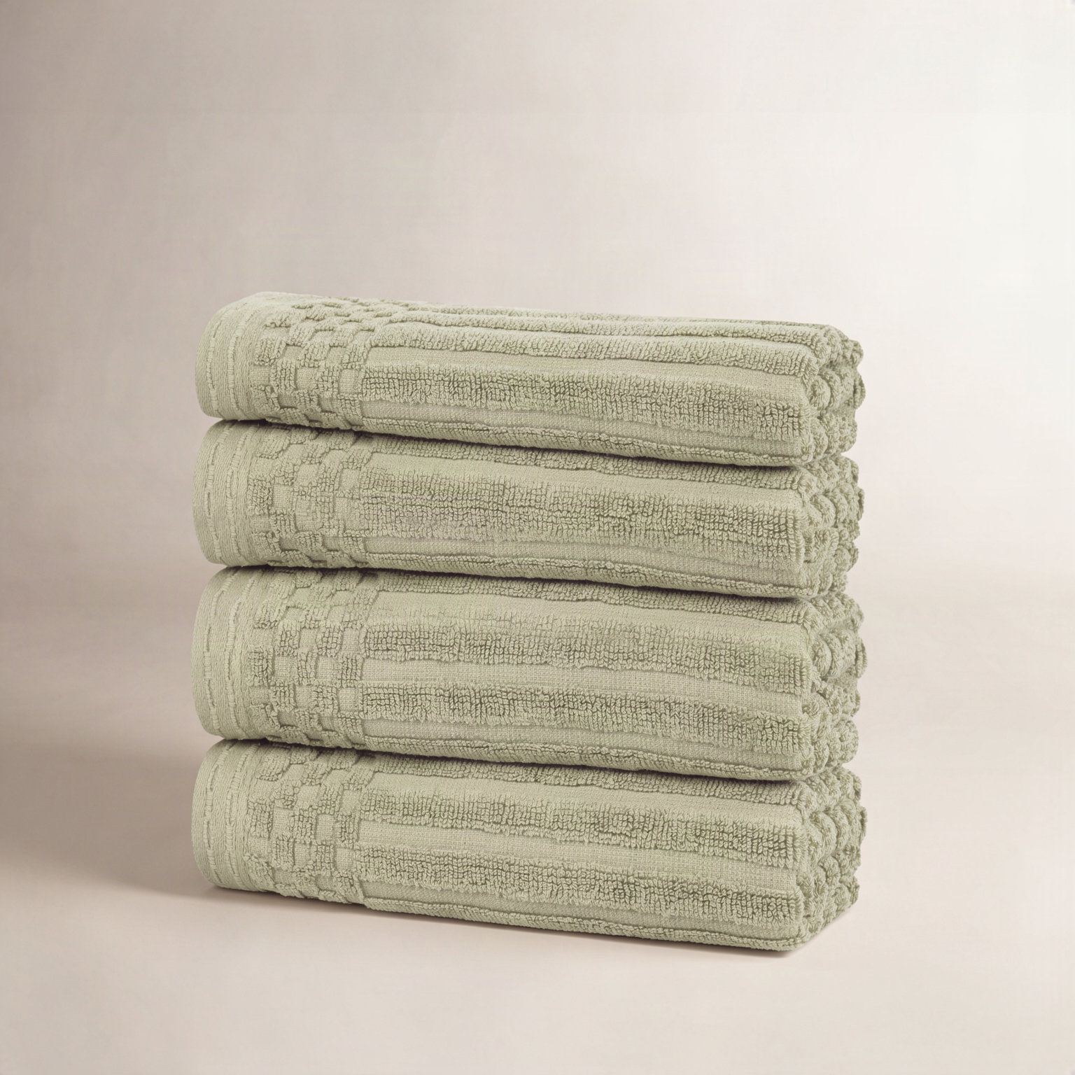 Checkered Border Cotton Hand Towel Set, Sage Green