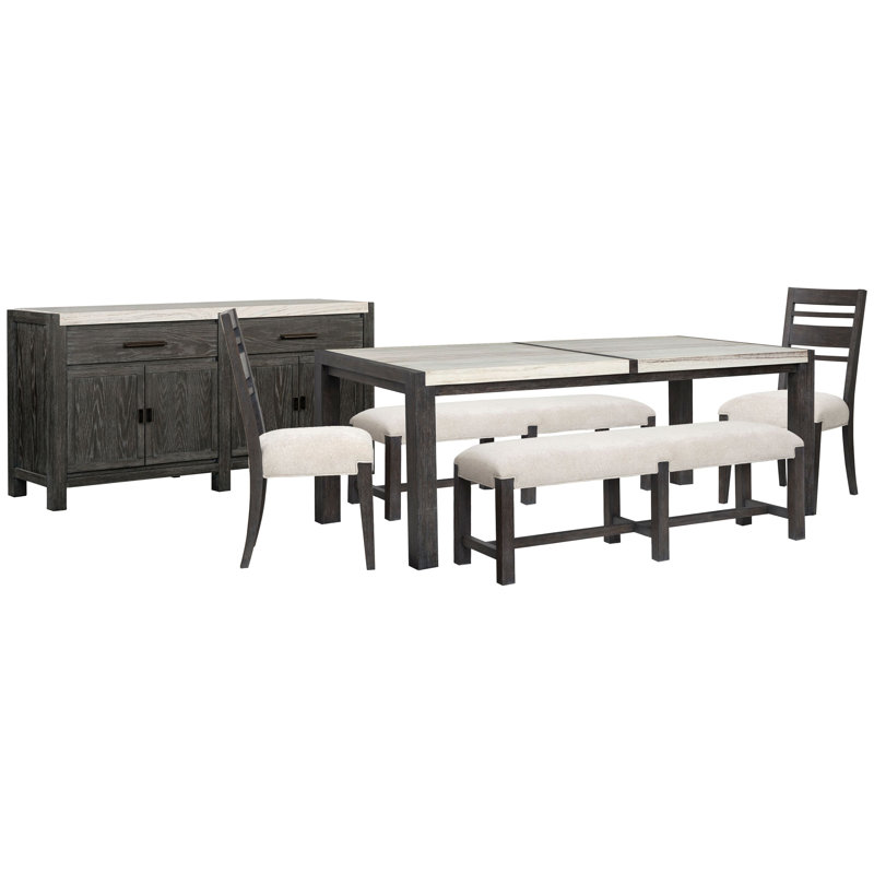 Rectangular Dining Table With 2 Benches 2 Side Chairs And Sideboard, 6 Pcs: Table, 2 Benches, Sideboard, 2 Chairs