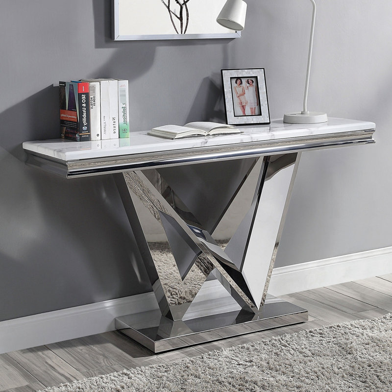 Table moderne 1Pc avec plateau en faux marbre biseauté de 18 mm, piédestal en V en acier inoxydable, base rectangulaire, surface équipée d'une base esthétique, piédestal