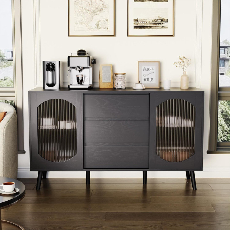 Buffet noir avec portes coulissantes en verre cannelé et tiroirs, rangement pour la cuisine et la salle à manger