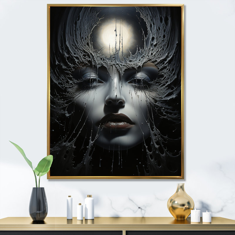 Surréalisme, Eclipse éternelle, portrait sur toile, Cadre flottant doré, H 40 po x l 30 po x P 1,5 po