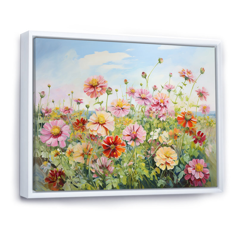 Zinnias Country Charm sur toile, Cadre flottant blanc, H 24 po x l 32 po x P 1 po