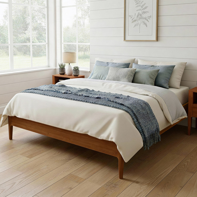 Retro Style Bed Frame, Platform Bed with Central Support Legs, Brown, King