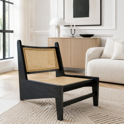 Accent Chair, Rattan Lounge Chair for Living Room, Boho Side Corner Comfy Wood Chair for Bedroom and Balcony