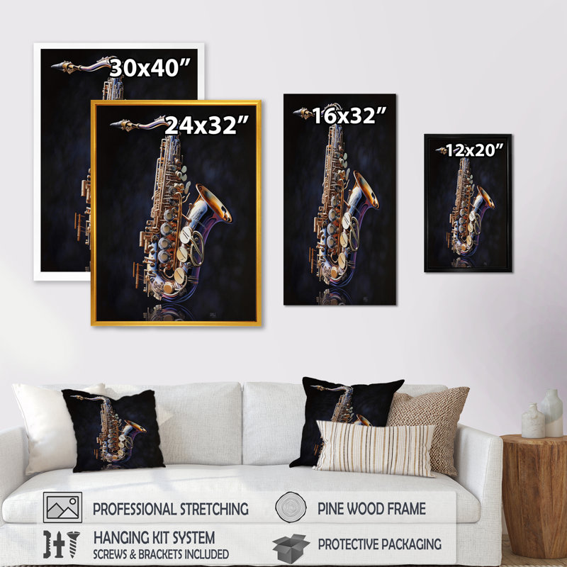 Saxophone I - musique, art mural sur toile, L 30 po x H 40 po, Impression dorée sur toile encadrée