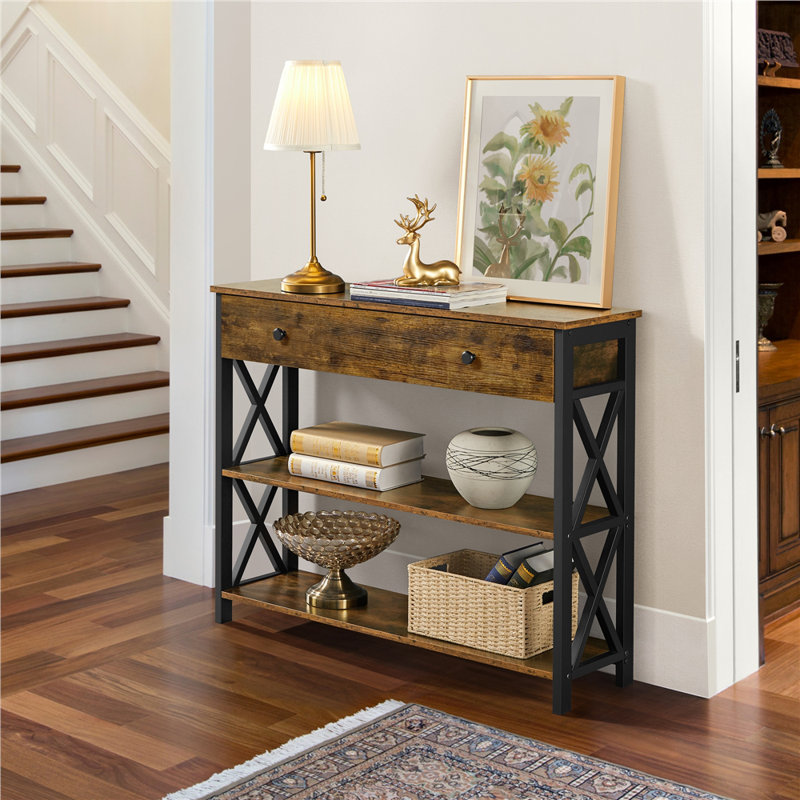 Vintage Wooden Console Table, Rustic Brown, Black, 80cm H x 30cm W x 100cm L