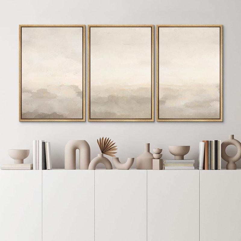 Minimal Landscape " Abstract Prints " 3 - Pieces, 36" H x 24" W x 1.5" D, Natural