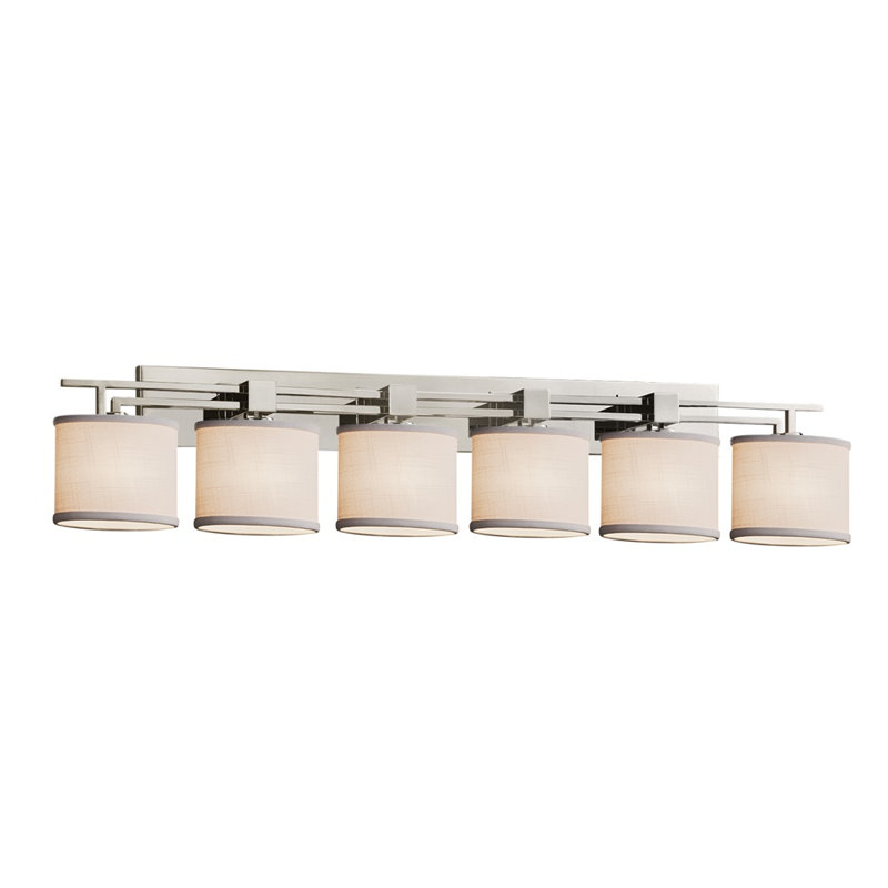 Collection textile-barre d’éclairage de salle de bain 6 lumières Aero-abat-jour Oval-nickel brossé-blanc-del, Incandescente