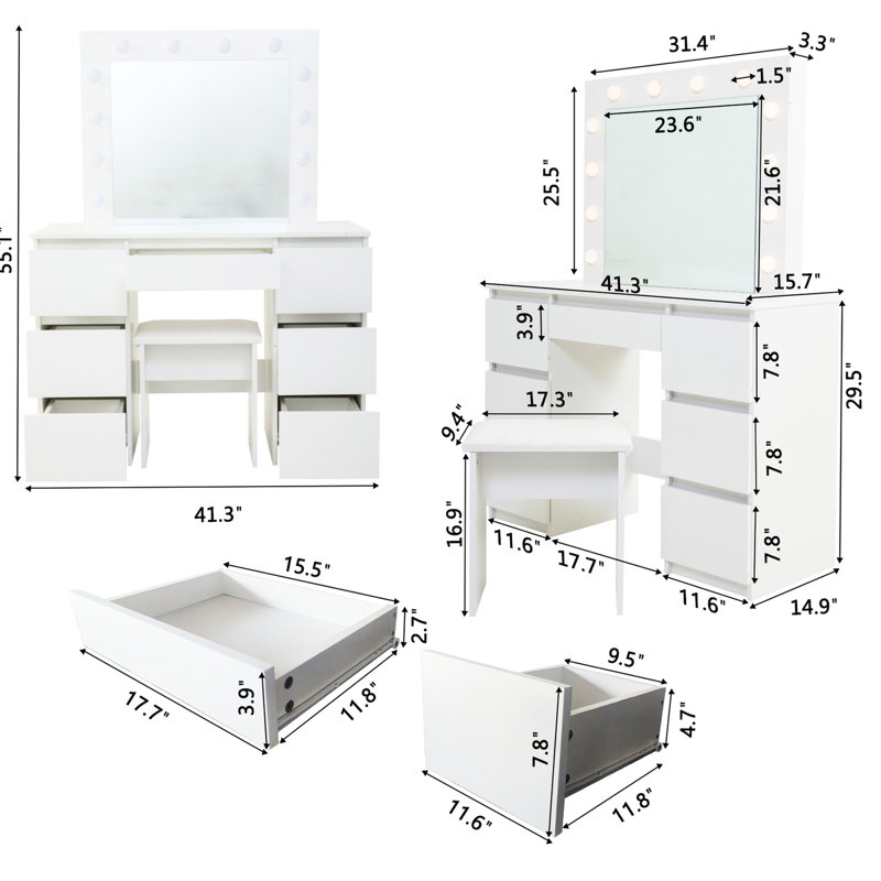 Grande coiffeuse avec miroir et 3 couleurs - beaucoup de rangement pour les accessoires pour les cheveux, la construction, le miroir contemporain à lumières réglables de la chambre à coucher blanche, les meubles abondants