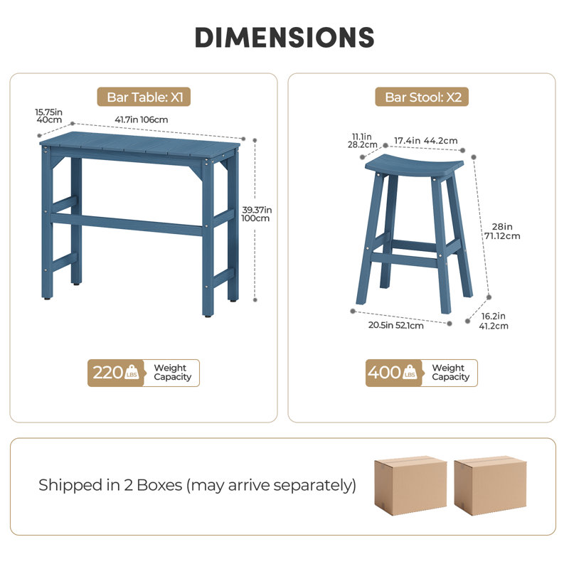 Ensemble de bar de patio 3 pièces, table d'extérieur imperméable pour 2 personnes à hauteur de bar Hanches toutes saisons et tabourets, bleu