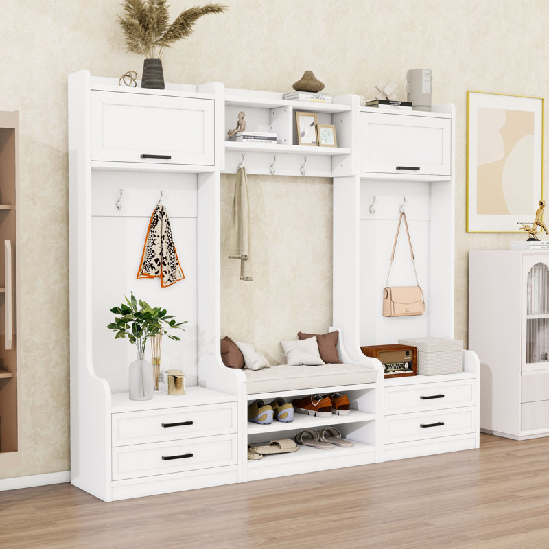 Multi-Functional Hall Tree with Storage Cabinets, Drawers and Hooks, White
