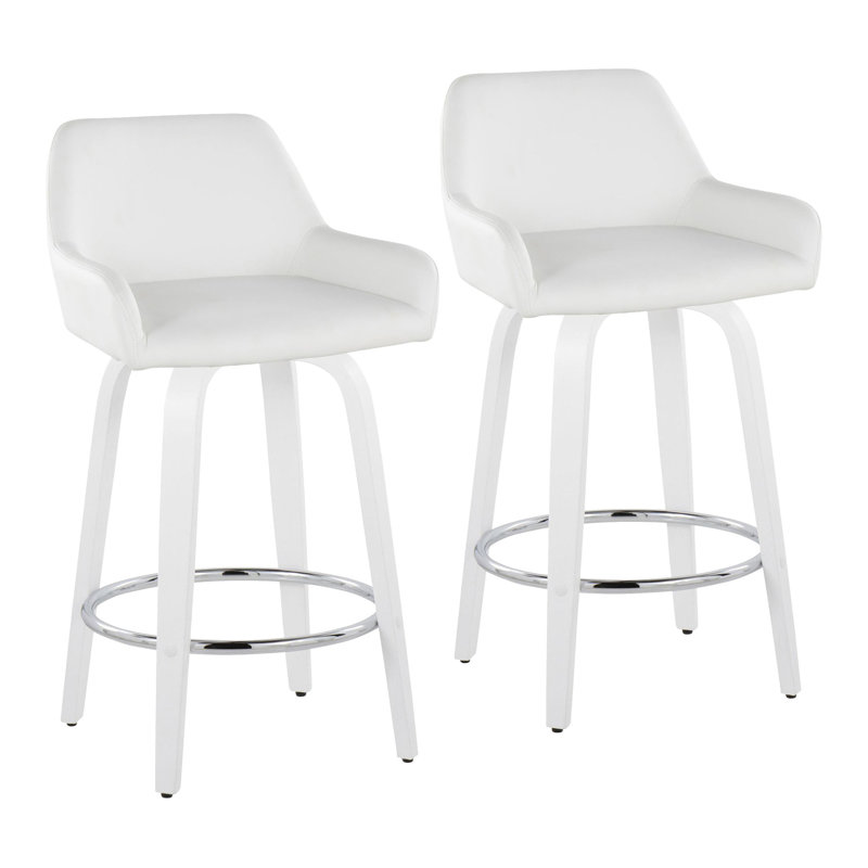 Tabouret de comptoir à hauteur fixe avec pivot en bois et similicuir avec repose-pieds rond chromé - ensemble de 2, Blanc