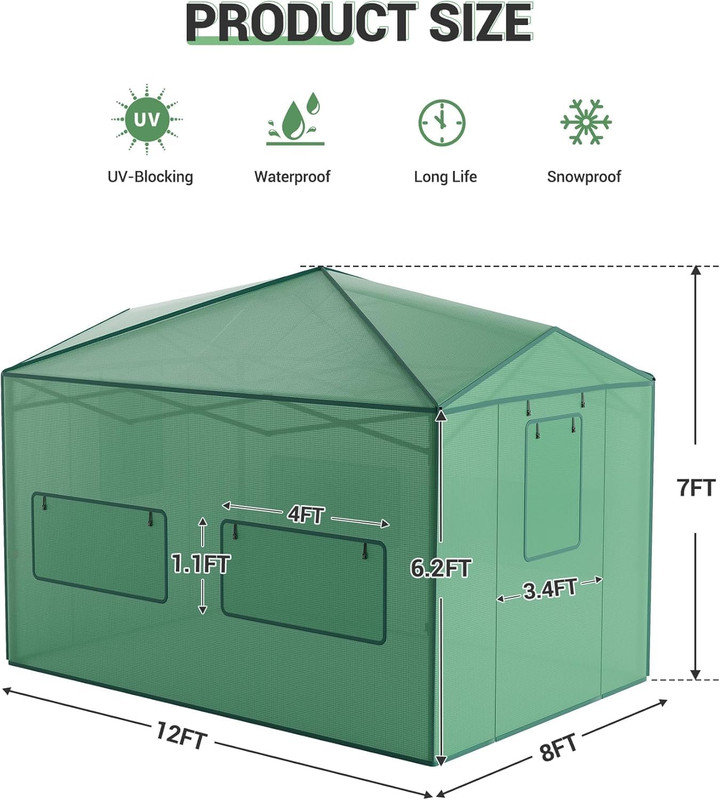 Serre 8x12FT pour l'extérieur - Housse en PE portable avec fenêtres en filet et portes à fermeture à glissière