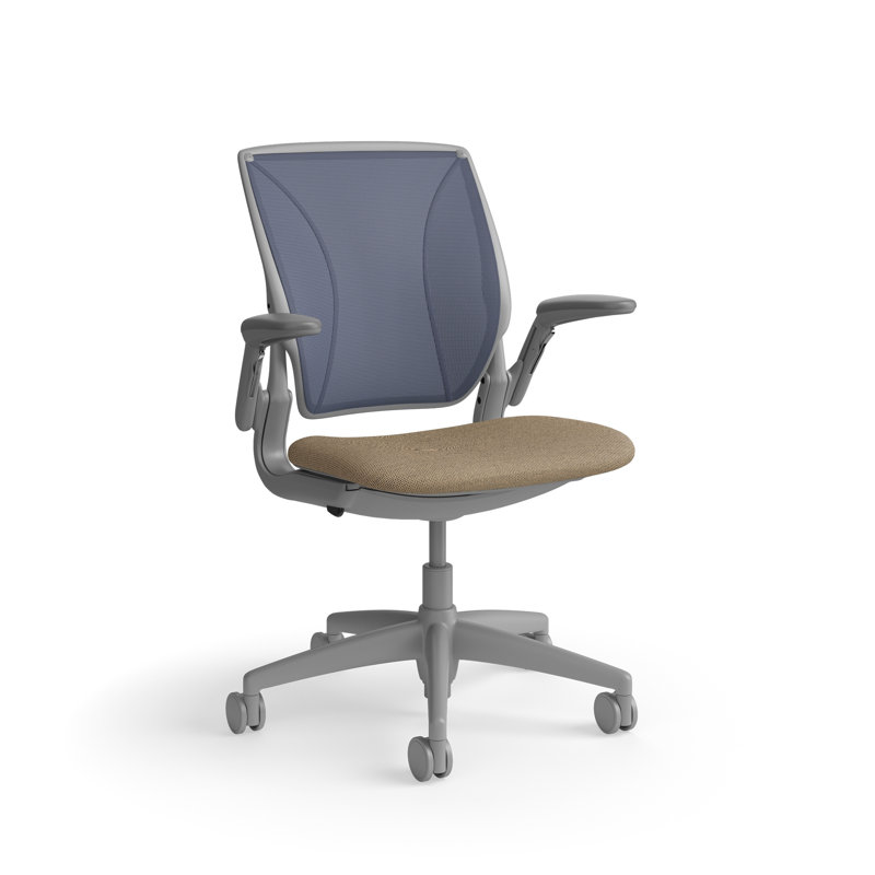 World LM, Ergonomic Task Chair with Poppy Seed Backrest, and  Autumn Upholstered Seat, Gray, Beige Brown Fabric, Blue Mesh