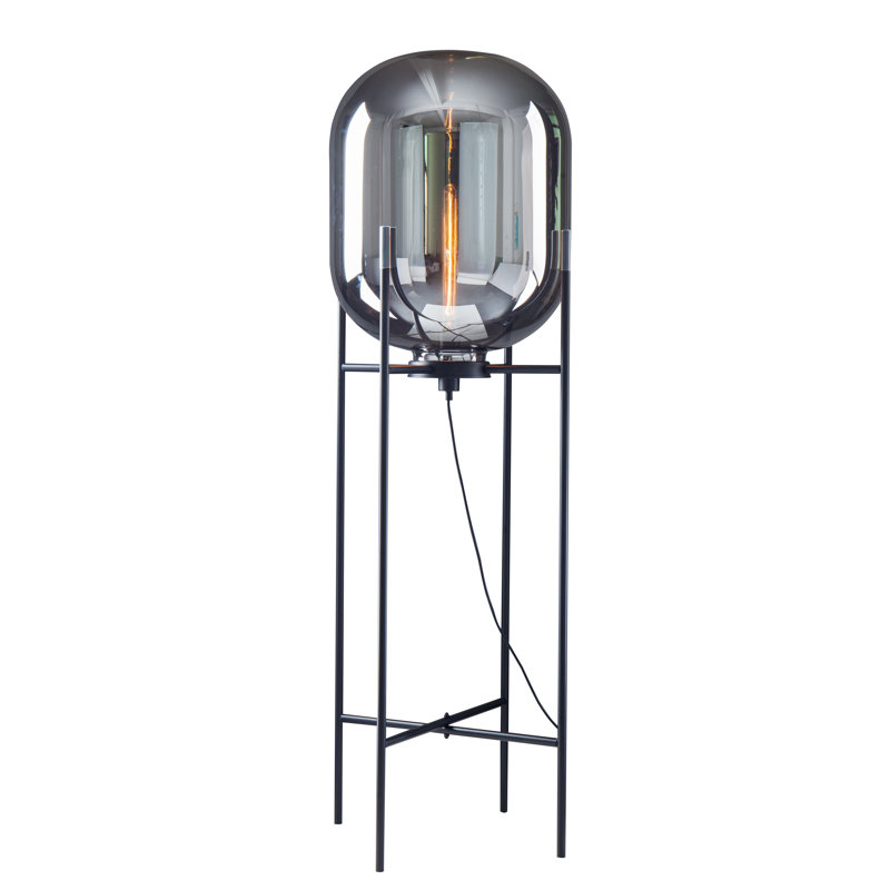 1-Light Matte Black Floor Lamp With A Smoke Glass Shade