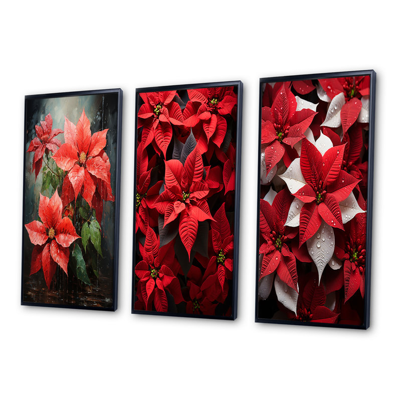 «Red Black Poinsettias Holiday Velvet Patchwork», 3 pièces sur toile, Cadre flottant noir, H 32 po x l 48 po