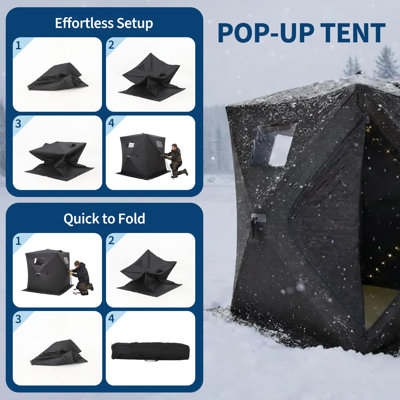 Black 60*60*76.2 inches Insulated Pop‑Up Hub Ice Fishing Shelter 2‑3 Person, 210D Thermal, Quick Setup, Non‑Electric Lightbox with LED Light Strip, Red
