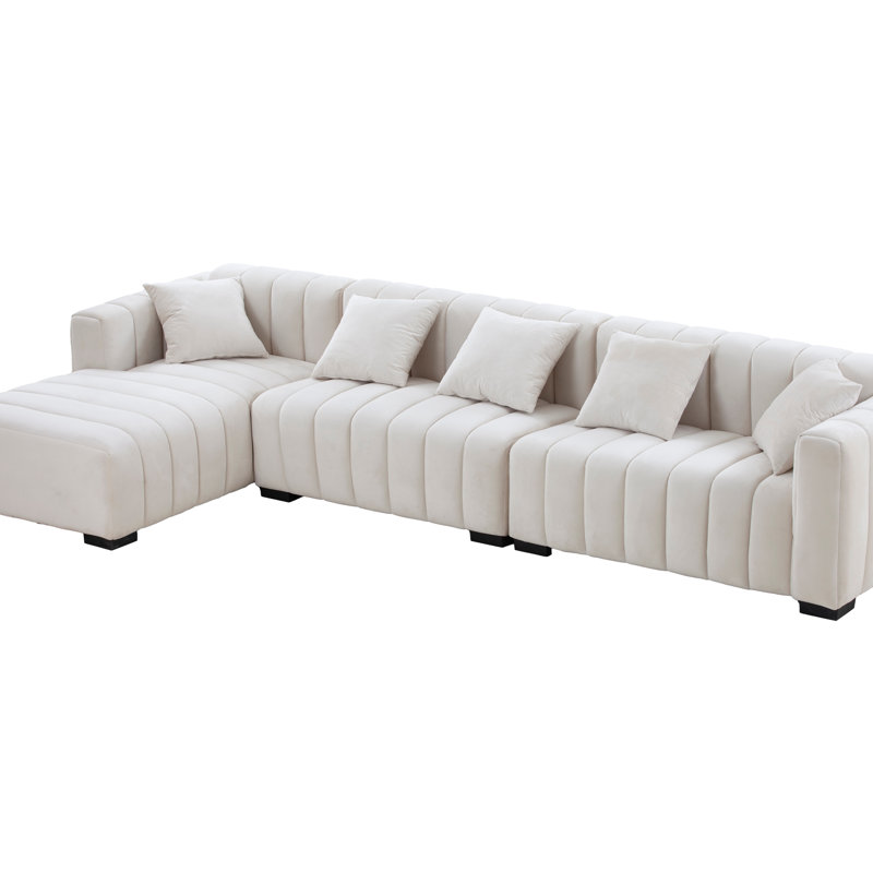 Canapé modulaire 139 po en velours capitonné avec méridienne - beige élégant, Left Hand Facing