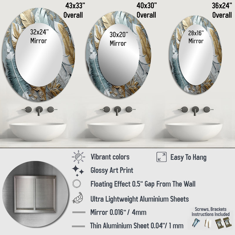 Gold Gilded Feathers V - Glam Oval Wall Mirror, 40" x 30"