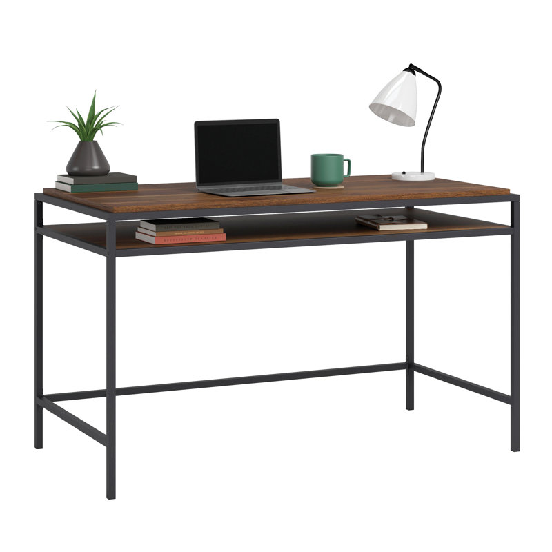 Bureau d'écriture en bois avec structure en métal robuste, noyer foncé