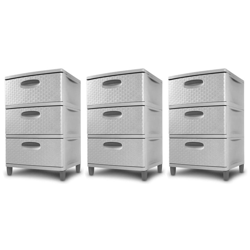 Sterilite 3 Drawer Weave Storage Tower Plastic Organizer Drawers, Cement, 3 Pack