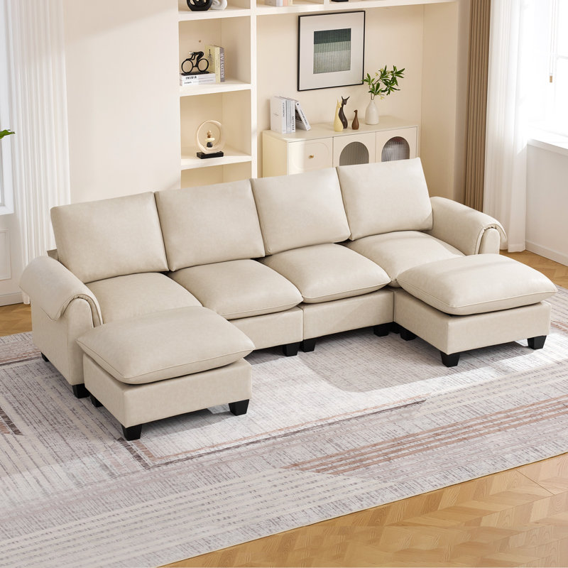 118" Faux Leather Modular U Shape Sectional Sofa with 2 Ottomans, Beige Faux Leather