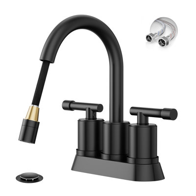 Robinet escamotable de lavabo de salle de bain noir mat 8 pouces, robinet de salle de bain espacé à 2 poignées et 3 trous, robuste avec bonde escamotable et ligne d'alimentation en eau
