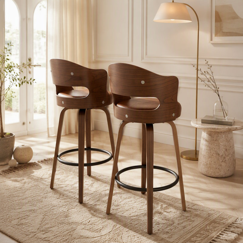 Ensemble de 2 tabourets de bar pivotants modernes avec sièges en cuir PU, hauteur comptoir de 66 cm, parfaits pour les îlots de cuisine et les bars.