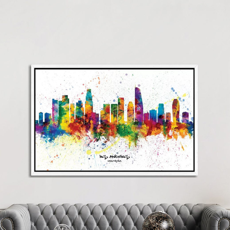 Los Angeles California Skyline Splash by Michael Tompsett - 1 Piece Wall Art on Canvas, 152.5 cm H x 101.5 cm W, White Framed