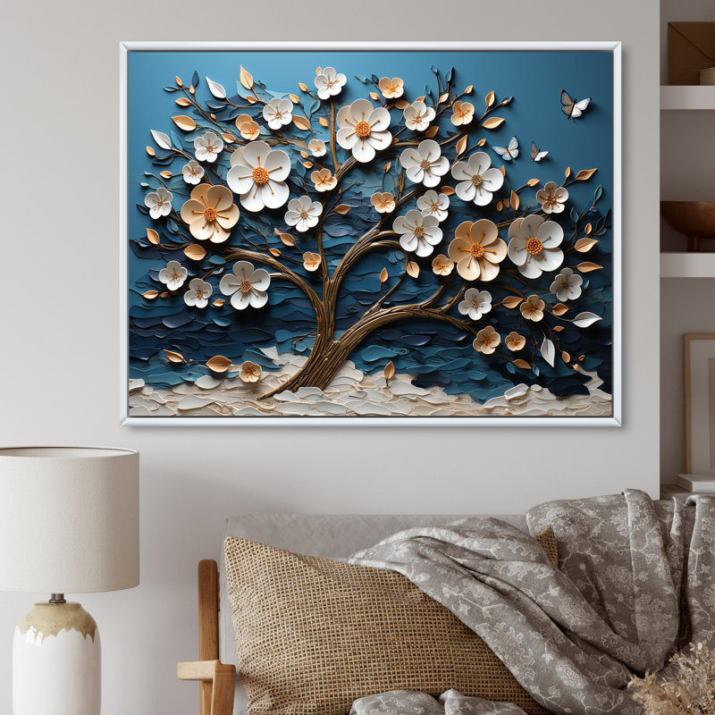 Orchidée bleue et blanche jardin de branches II - art mural arbre, Cadre flottant blanc, H 12 po x l 20 po x P 1 po