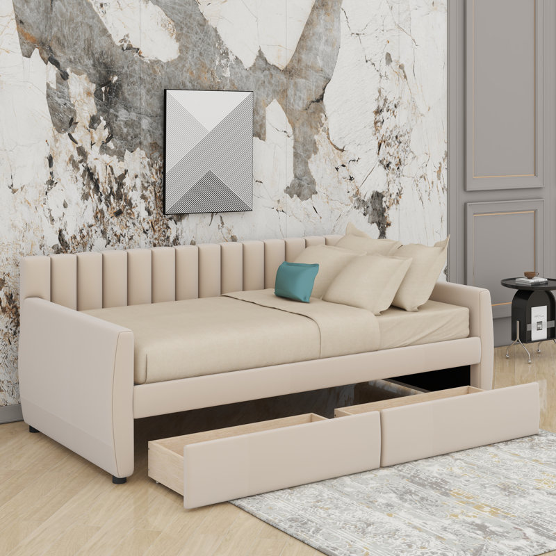 Lit de jour simple tapissier avec tiroirs, Beige, Lit simple