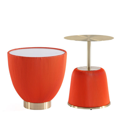 Ensemble de table de salon moderne 2 pièces Anderson avec base en acier inoxydable recouverte de cuir végétalien orange