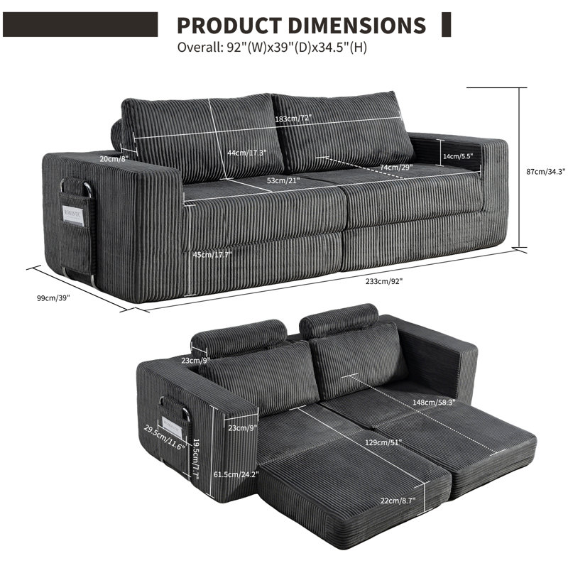 3 Seater Corduroy Sofa, Grey