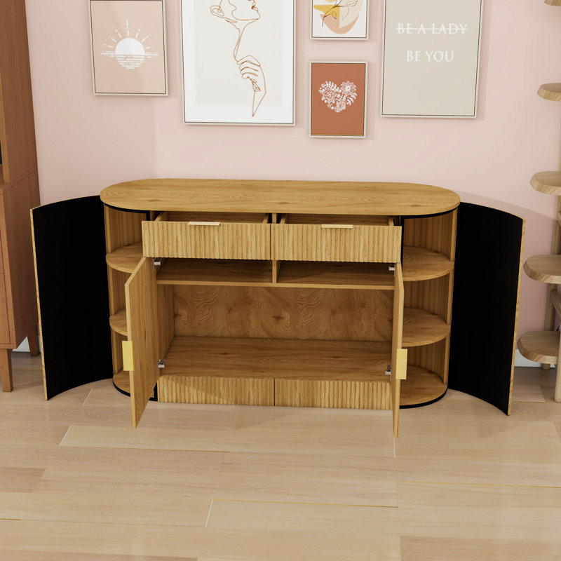 Modern Curved Door Sideboard Buffet Cabinet with 2 Drawers, 3-Tier Shelves and Stripe-Textured Finish, Natural