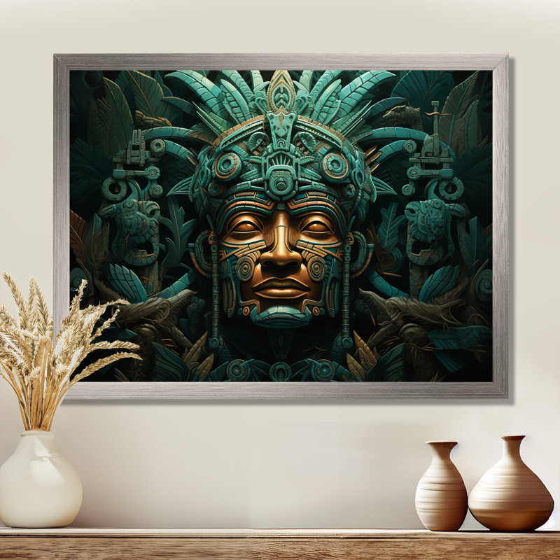 Maya Magic Aztec Mask I - Art mural mexicain, Encadrement doré, H 34 po x l 44 po