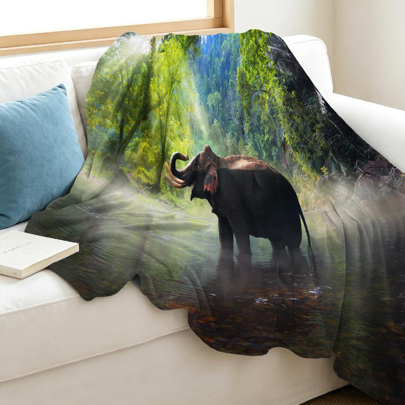 Jeté en flanelle verte à motif de flanelle, éléphant sauvage, imprimé sur un côté, Jeté 40 po x 50 po